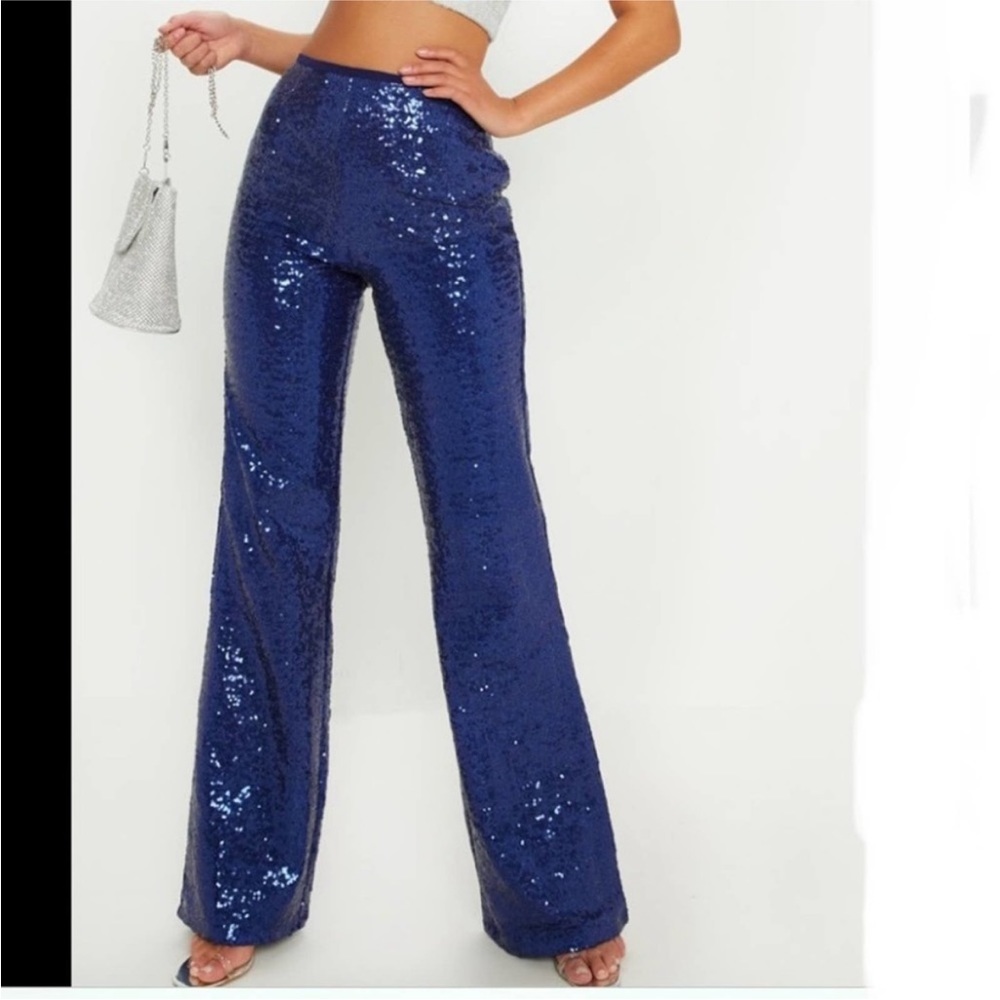Pretty Little Thing Navy Sequin High Rise Flare Pants NWTs size 10